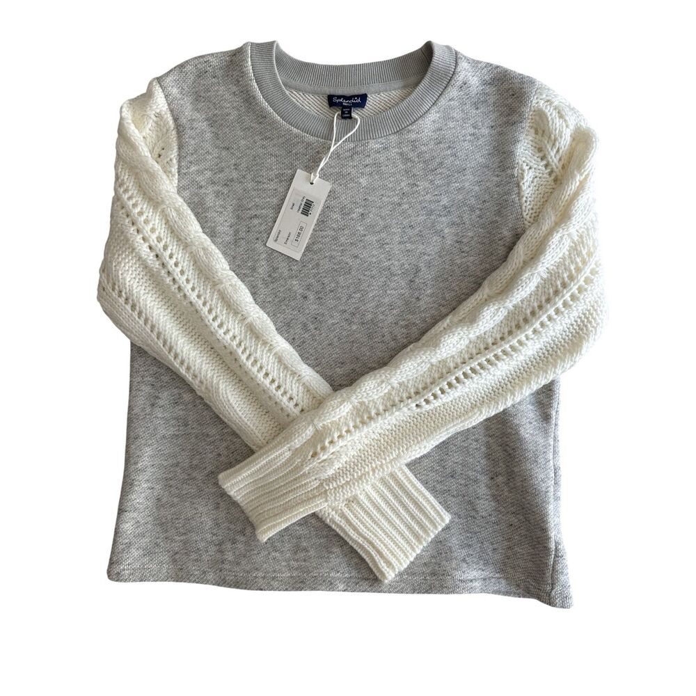 Splendid Emerson Mixed Media Cable Knit Sweater Crewneck Gray Cream Small NWT - Picture 4 of 8